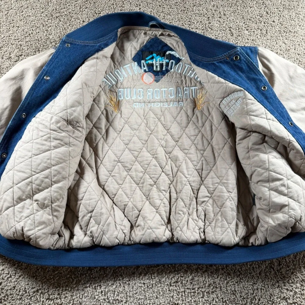 Tri-Mountain Denim Varsity Jacket mens Large Blue Dogtooth‎ Antique Tractor Club